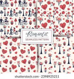 Conjunto de patrones de amor sin fisuras con corazones, rosas, pareja, elementos del día de San Valentín. Fondos vectores.