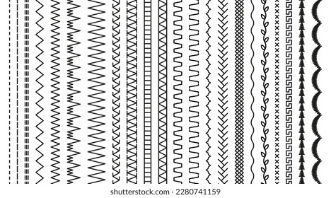 Set of seamless machine embroidery stitches. Thread sew brushes. Sewing seams. Overlock fabric elements. Vector. Outline border isolated on white background. Simple graphic illustration.