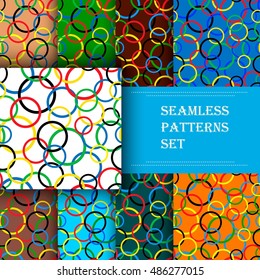 Set of seamless male patterns for a textile, Simple geometric design with multicolored rings. 