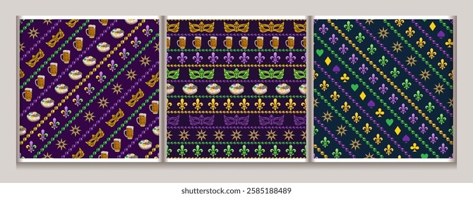 Set of seamless Mardi Gras patterns with random scattered beads, Fleur de Lis sign on black textured background. Vintage illustration for prints, clothing, holiday, surface design