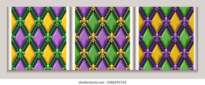 Set of seamless Mardi Gras patterns with random scattered beads, Fleur de Lis sign on black textured background. Vintage illustration for prints, clothing, holiday, surface design