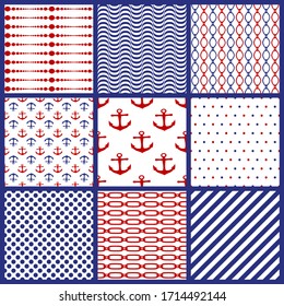 Set of seamless marine motifs background. Chains, anchor, polka dots, spripes, lines, waves. Collection of nautical style patterns. Editable element for brush swatch. Different ornaments. Vector