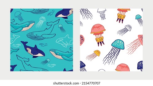 Set of seamless marine patterns with ocean symbols. Collection of backgrounds with underwater animals, dolphins, jellyfish for printing on fabric, wallpaper, wrapping paper. Cute vector illustration
