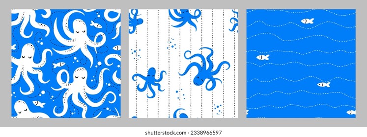 Un conjunto de patrones marinos sin fisuras con octopuses. Diseño de los niños para tejidos, papel, embalaje, ropa