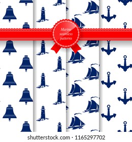 Set of Seamless Marine Summer Pattern, Lighthouse and Ship Bell , Sailboat and Anchor, Travel and Tourism Pattern, Vector Illustration