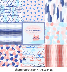 Set of seamless matching hand drawn patterns. Cold blue, pale pink and red pastel colors. Patterns swatches for textiles, papers, backgrounds, wallpapers. Printable digital paper.
