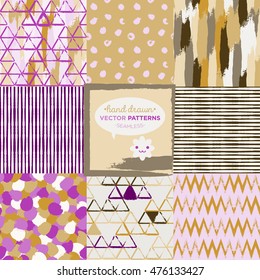 Set of seamless matching hand drawn patterns.Purple, pink and golden colors. Patterns swatches for textiles, papers, backgrounds, wallpapers. Printable digital paper.