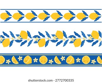 Set of seamless Mediterranean lemon borders with citrus branches, yellow lemons, blue leaves, flowers and slices on white and blue stripe backgrounds, summer Amalfi coastal vector design