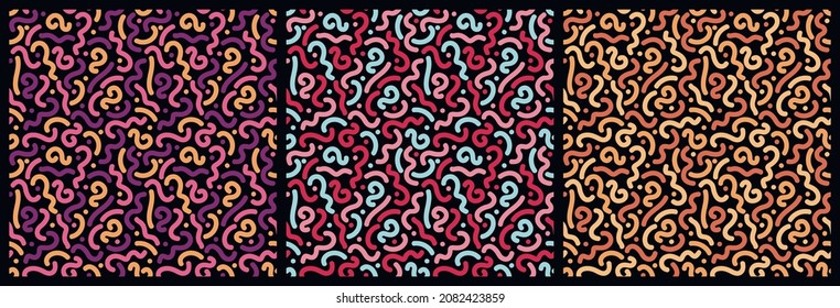 Un conjunto de patrones de color sin fisuras de estilo Memphis sobre un fondo negro.