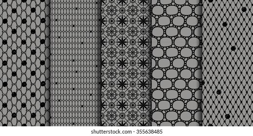 Set of seamless mesh black lace patterns on brown background.