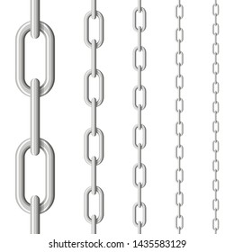 Set of seamless metal chains colored silver isolated on white background. Metal chain seamless pattern. Vector illustration
