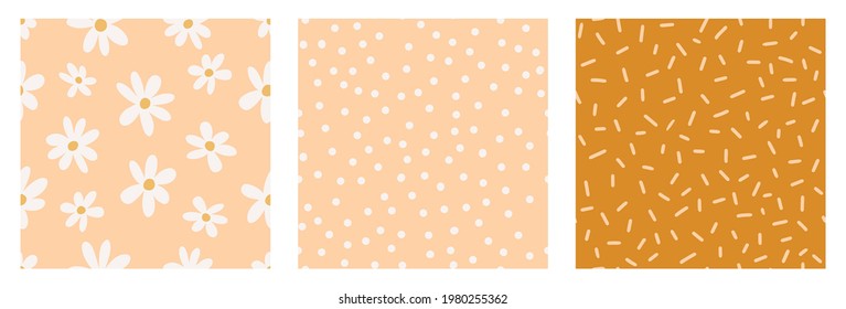 Set of seamless minimalist contemporary boho patterns with chamomile and polka dots in an earthy palette. Trendy hand drawn doodle textures in retro style for wrapping paper, covers and fabric.