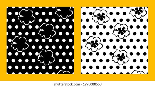 Conjunto de telones minimalistas sin fisuras con puntos y flores. Paleta de colores simple. Patrones en blanco y negro para textiles, impresión de tela, embalaje, envoltura, papel pintado, cubierta. Estilo retro. Vector.