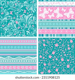 Set of seamless mint and pink patterns. Celebration background. Wallpaper of musical notes, gift box, stars, hearts, flower.  Simple flat modern drawing.  Simple childish doodle wallpaper print set. 