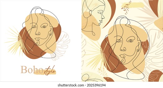 Set of seamless modern abstract pattern with portraits of girls in one line in the style of Mathis drawn in vector with elements of boho shapes for textiles and surface design