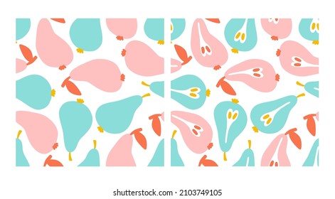 Set of seamless modern background with pears. Abstract pattern with halves of pears. Stylish pear seamless pattern in scandinavian style. Vector fruit illustration. Natural seamless texture.