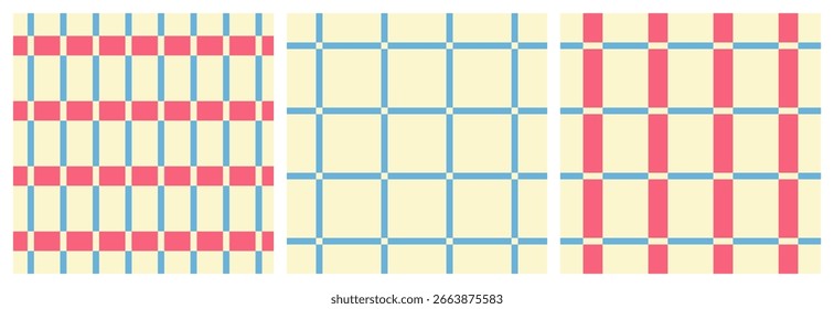 Conjunto de padrões geométricos simples modernos sem costura de linhas quadriculadas azuis e cor-de-rosa, tabuleiro de xadrez distorcido, padrão listrado no fundo da luz; ilustração vetorial, estilo plano