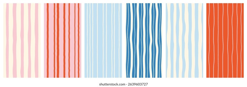 Set of seamless modern simple minimal vertical summer striped colorful light patterns, backgrounds; blue, red, pink, white colors; hand drawn vector illustration, drawing, flat style