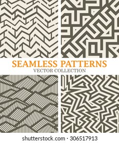 Set of Seamless Modern Stripped Patterns. Monochrome Vector Backgrounds. Mix of Tangled and Interlaced Straight Lines