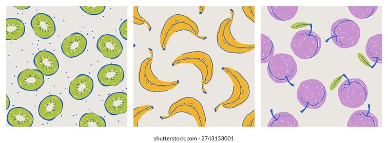 A set of seamless modern summer fruit patterns with kiwi, banana, and plums on a white background; simple cute vector illustration, hand-drawn with brush strokes in a flat style