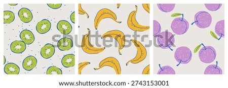 A set of seamless modern summer fruit patterns with kiwi, banana, and plums on a white background; simple cute vector illustration, hand-drawn with brush strokes in a flat style