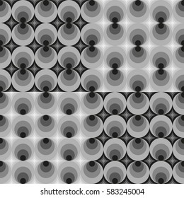 Set of seamless monochrome geometric pattern with gray and black circles.