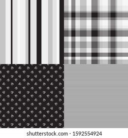 Set of seamless monochrome patterns. Checkered pattern. Abstract striped texture. Black and white illustration