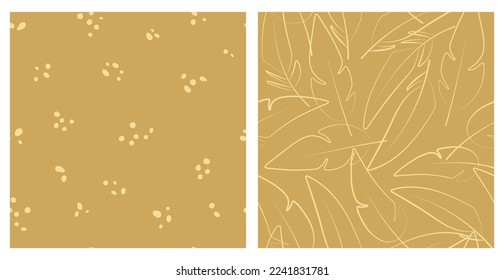 Satz nahtloser monochromer Muster mit Federn oder Blättern und Punkten auf goldenem beigem Hintergrund. Benutzen Sie es für Textilien, Teppich.