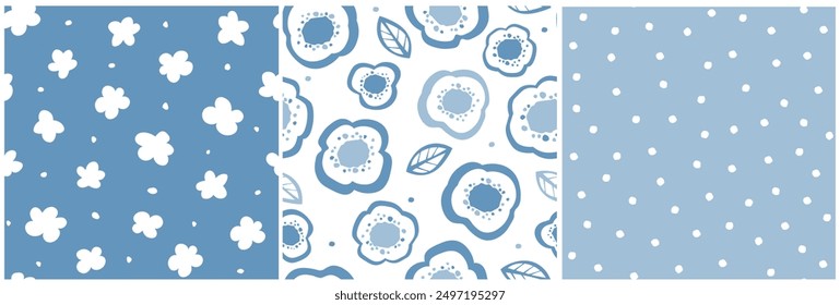 Set of seamless monochrome patterns with simple abstract silhouettes of flowers, dots. Vector graphics.