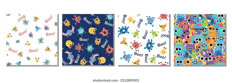 Set of seamless monsters pattern. Colorful, funny, cute collection for kids with monsters pattern background. Vector illustration.