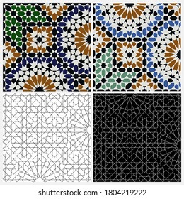 Satz von nahtlosen marokkanischen geometrischen Hintergrund für Fliesen, Stoff. Arabisches Mosaikmuster. Orientalisch-islamische Motive. Abstrakte bunte und einfarbige Dekorationselemente.