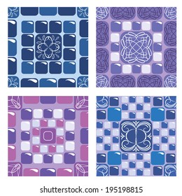 Set of seamless mosaic patterns - Blue and purple ceramic tiles - classical geometric ornament. Ready to use as swatch