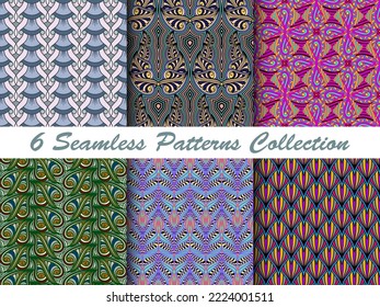 Set of Seamless multicolored Doodle style patterns. Intertwined wavy Ornaments Inspired by the Zentangle. Liner hand drawn ornamental background. Abstract texture. Vector illustration.