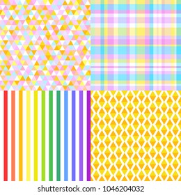Set of seamless multicolored patterns. Checkered background. Abstract geometric wallpaper of the surface. Striped texture. Print for polygraphy, posters, t-shirts and textiles. Doodle for design