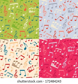 Set of seamless music patterns. Four seamless backgrounds. Seamless pattern can be used for wallpapers, web page backgrounds or wrapping papers. EPS 8.  EPS 8. 