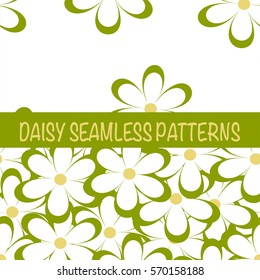 Set of seamless naive minimalistic patterns with little flowers. Floral print. Field of green camomiles on white background. For wrapping, fabric and other design. Vector illustration.