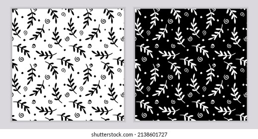 A set of seamless natural monochrome patterns. Black and white prints with branches and leaves. Vector texture.