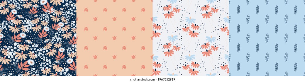  Set of seamless nature pattern. Abstract  shapes and elements, leaves, plants, flowers, summer, blue and brown background, hand drawn, minimalist,  packaging, wallpaper, design for textiles, vector