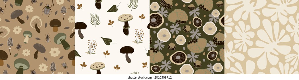  Set of seamless nature pattern. Abstract  shapes, elements, leaves, plants, mushrooms, autumn, white and brown background, hand drawn, minimalist,  packaging, wallpaper, design for textiles, vector