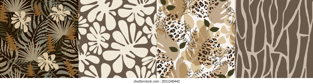  Set of seamless nature pattern. Abstract  shapes and botanical elements, palm leaves, plants, white and brown background, hand drawn, minimalist,  packaging, wallpaper, design for textiles, vector