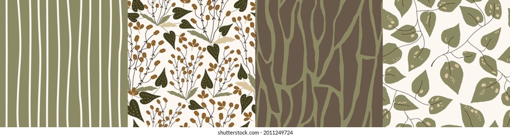  Conjunto de patrones de naturaleza sin fisuras. Formas abstractas, elementos botánicos, hojas, plantas, otoño, fondo blanco y verde, dibujado a mano, minimalista, envasado, papel pintado, diseño para textiles, vector