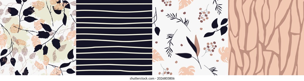  Set of seamless nature pattern. Abstract  shapes and elements, leaves, plants, fruits, autumn, white and brown background, hand drawn, minimalist,  packaging, wallpaper, design for textiles, vector