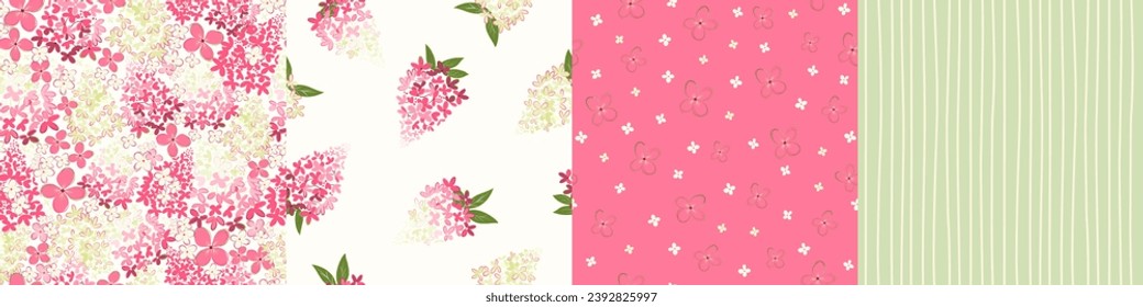  Set of seamless nature pattern. Abstract  shapes and elements, leaves, plants, fruits, autumn, pink and green background, hand drawn, minimalist,  packaging, wallpaper, design for textiles, vector