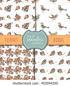 Set of seamless nature patterns. Hand-drawn birds, oak and chestnut leaves on white background. Vector boundless backgrounds.