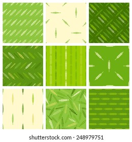 Set of seamless nature patterns. Various leaves. Green spring backgrounds.