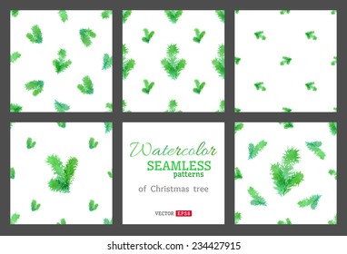 Set of seamless nature patterns. Watercolour branches of evergreen tree on white background. Vector illustration.