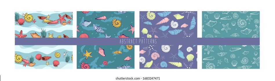 set Seamless nautical pattern with shells. Watercolor sea texture. Vector background. Can be used for wallpaper, surface, banner, pack, web page. hand drawing