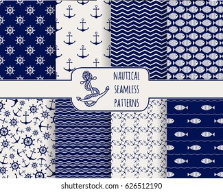 Set of seamless nautical patterns. Backgrounds with anchors, ship wheels, fish, waves. Design elements for wallpaper, baby shower invitation, birthday card, scrapbooking, fabric. Vector illustration