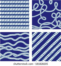 Set of Seamless nautical patterns on blue background with white rope