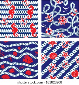 Set of Seamless nautical patterns on blue background with rope, sea horses, fishes, sea stars, anchors, wheels, shells